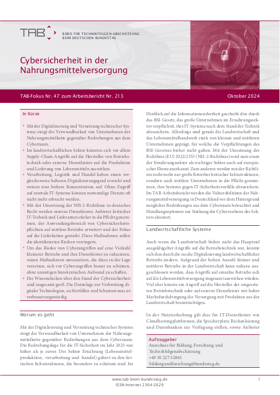 Cover: TAB-Fokus Nr.47 Cybersicherheit in der Nahrungsmittelversorgung